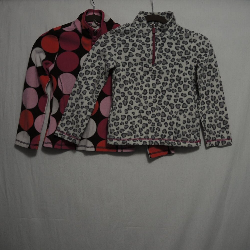 4/$25 Girl Bundle 2 Fleece 1/4 Zip Jackets Gray Leopard Large Colorful Dots Sz M